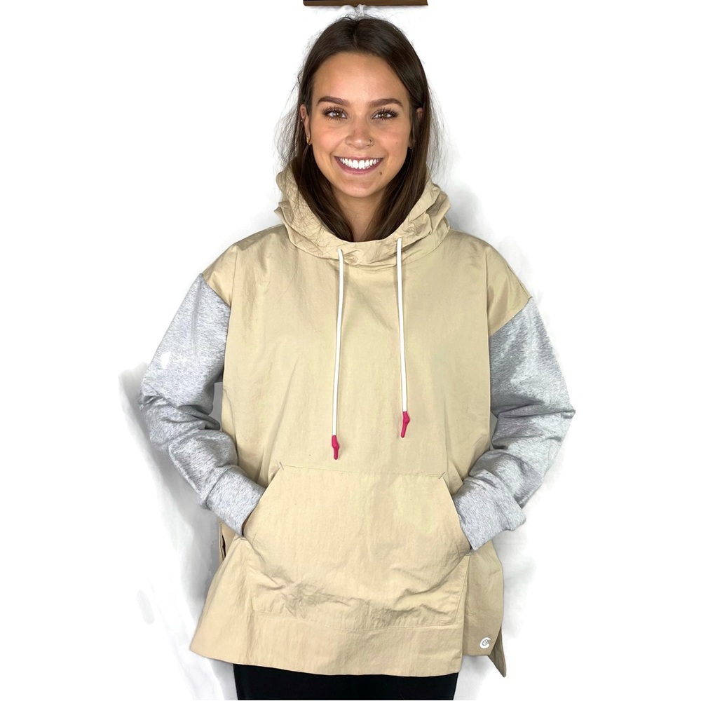 Calme by JW Hooded Nylon Pullover Tan with Grey Sleeves Oversized Medium